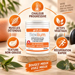 Flexilium gel chauffant 150ml pot blanc LT Labo avec infographie bénéfices chaleur muscles détendus