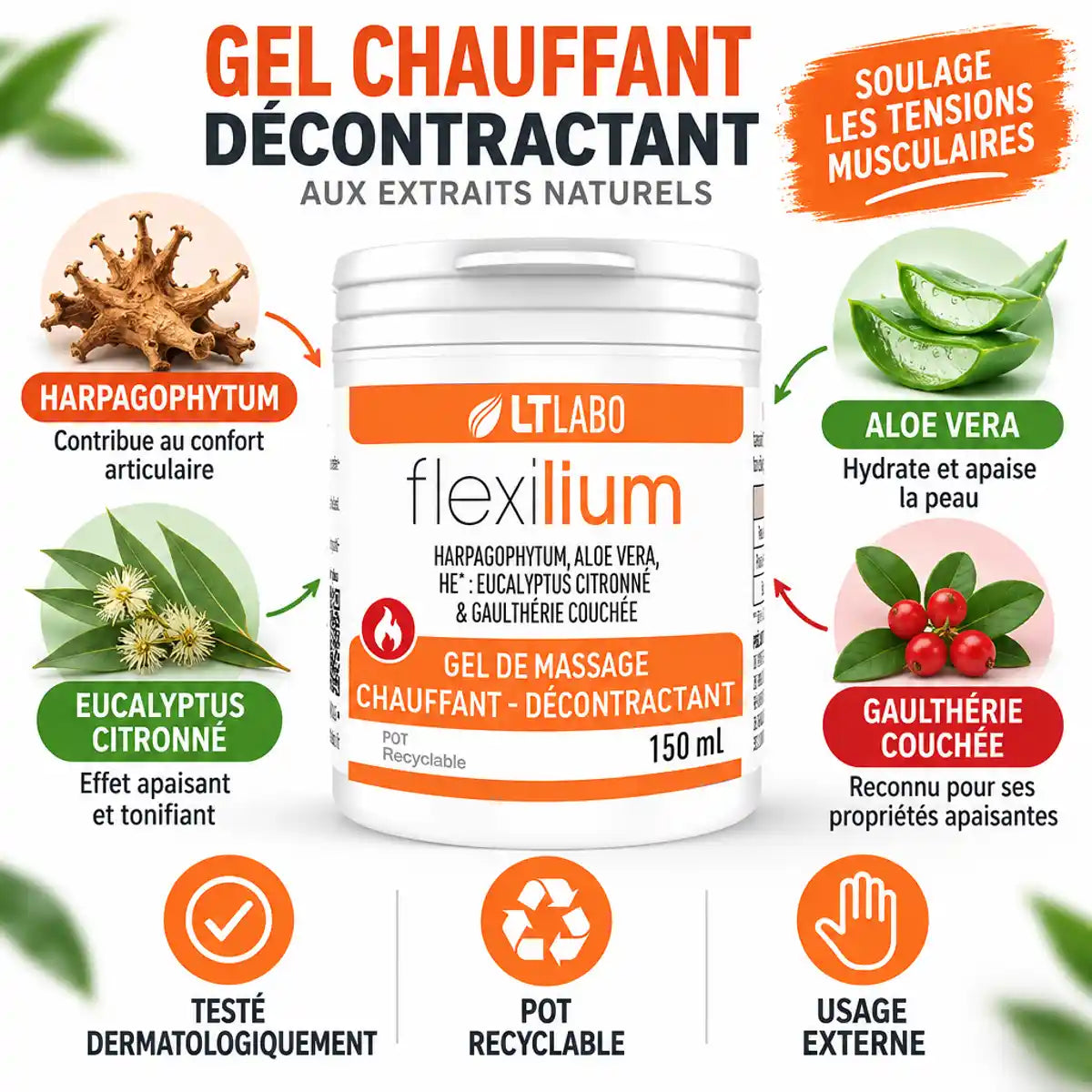 Flexilium gel chauffant 150ml pot blanc et orange avec ingrédients naturels LT Labo