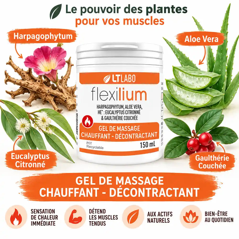 Flexilium gel chauffant 150ml pot LT Labo avec ingrédients naturels harpagophytum aloe vera eucalyptus gaulthérie