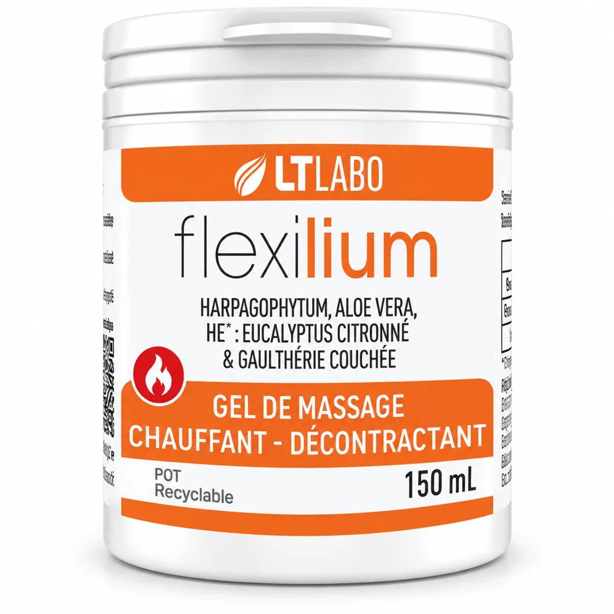 Flexilium gel chauffant 150ml LT Labo pot blanc avec étiquette orange massage bien-être