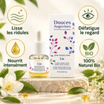 Fluide lissant yeux & lèvres Lia bio avec packaging, bénéfices affichés sur fond blanc