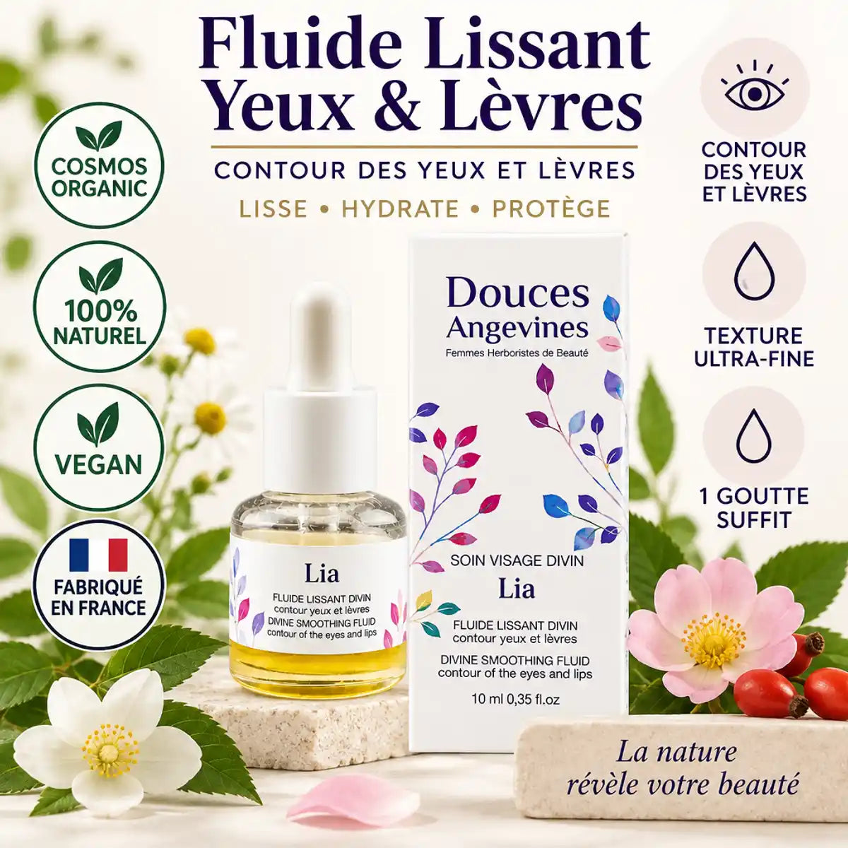Fluide lissant yeux et lèvres Lia bio Douces Angevines certifié vegan et naturel