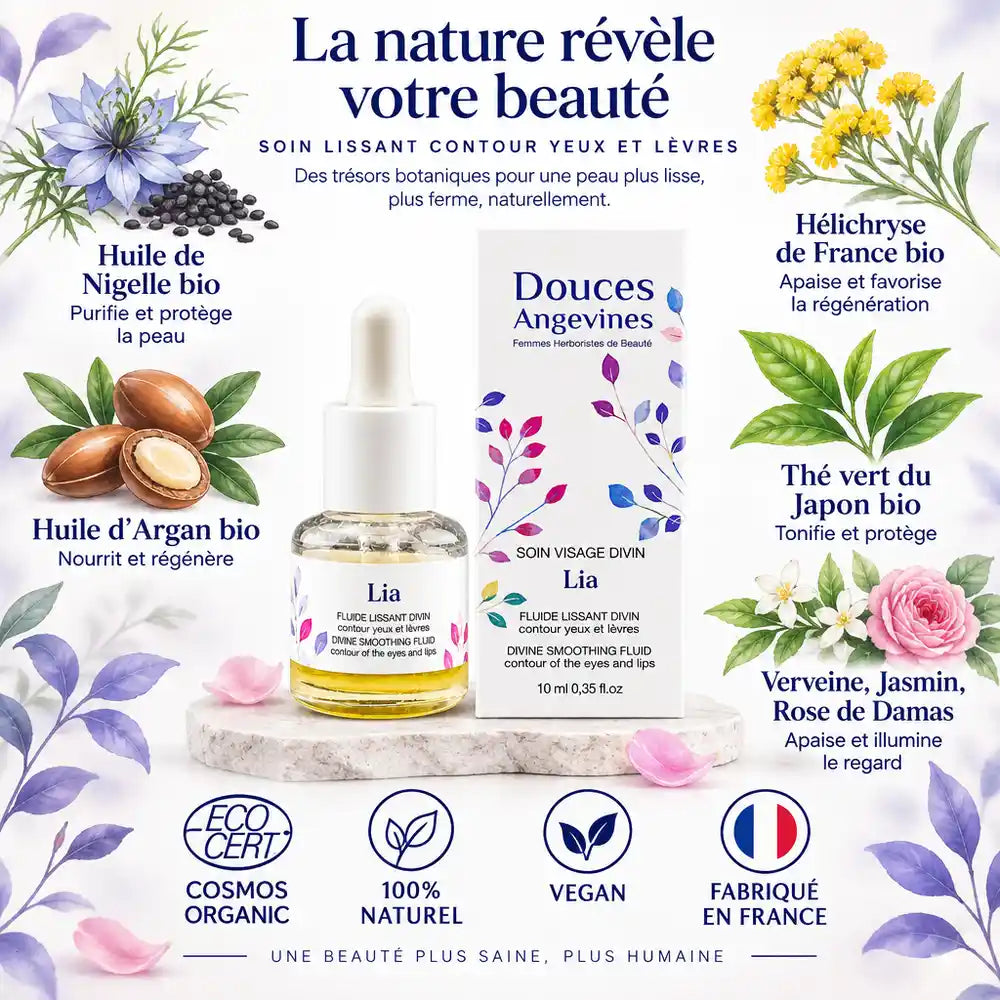 Fluide lissant yeux et lèvres Lia bio Douces Angevines avec ingrédients botaniques certifiés