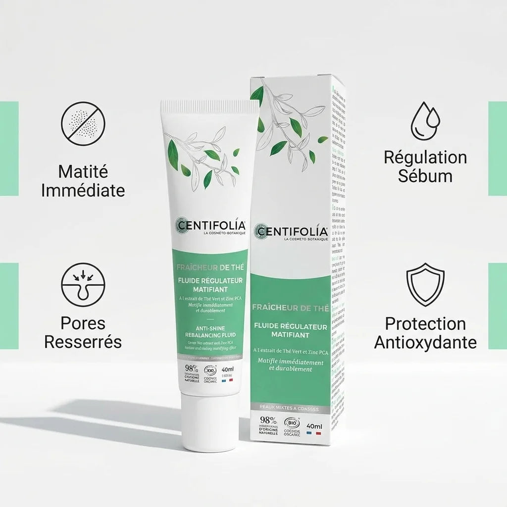 Fluide Régulateur Matifiant Bio Centifolia 40ml avec bénéfices matité, pores resserrés et régulation sébum