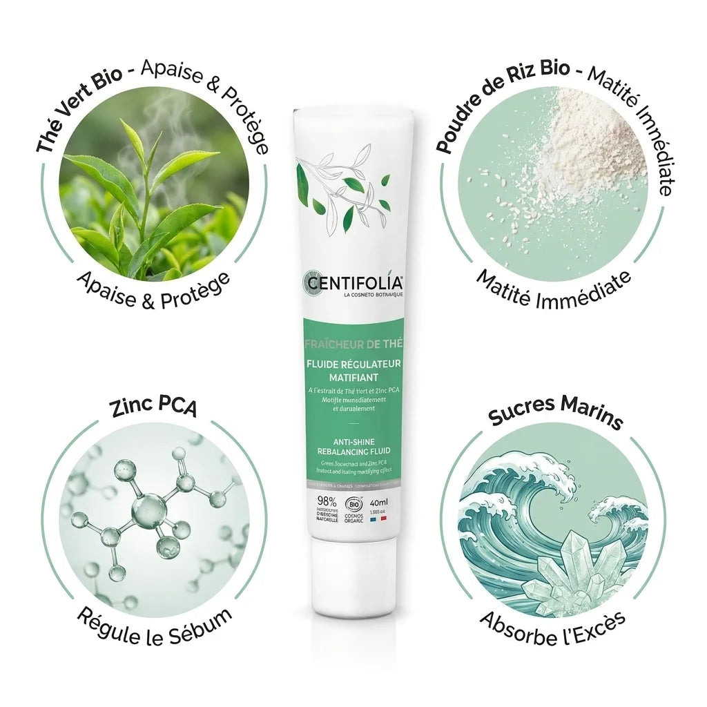 Fluide Régulateur Matifiant Bio Centifolia 40ml avec ingrédients naturels: thé vert, riz, zinc et sucres marins