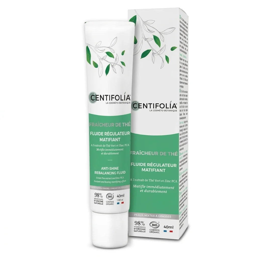 Fluide Régulateur Matifiant Bio Centifolia 40ml tube et boîte sur fond blanc