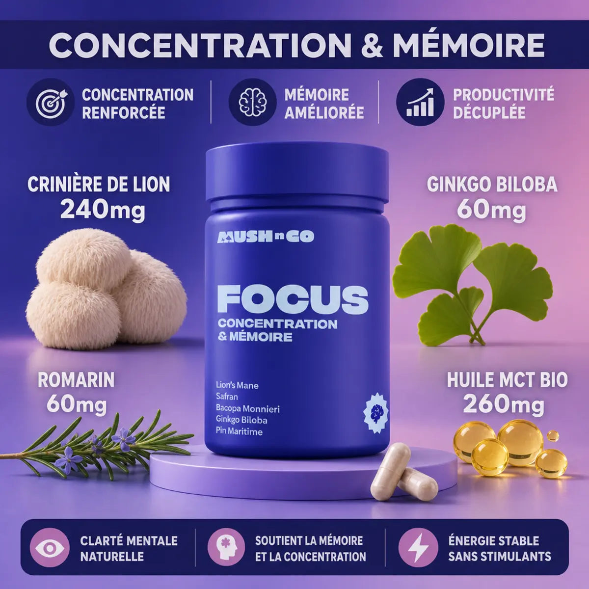 Supplément MushnGo Focus avec ingrédients naturels pour concentration et mémoire améliorées