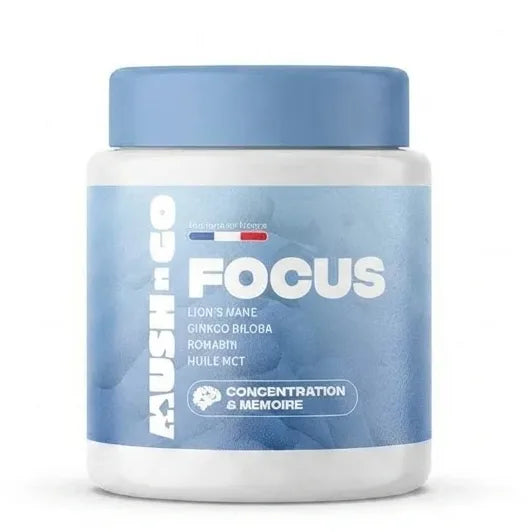 MushnGo Focus supplément pour concentration et mémoire, flacon blanc avec étiquette bleu dégradé