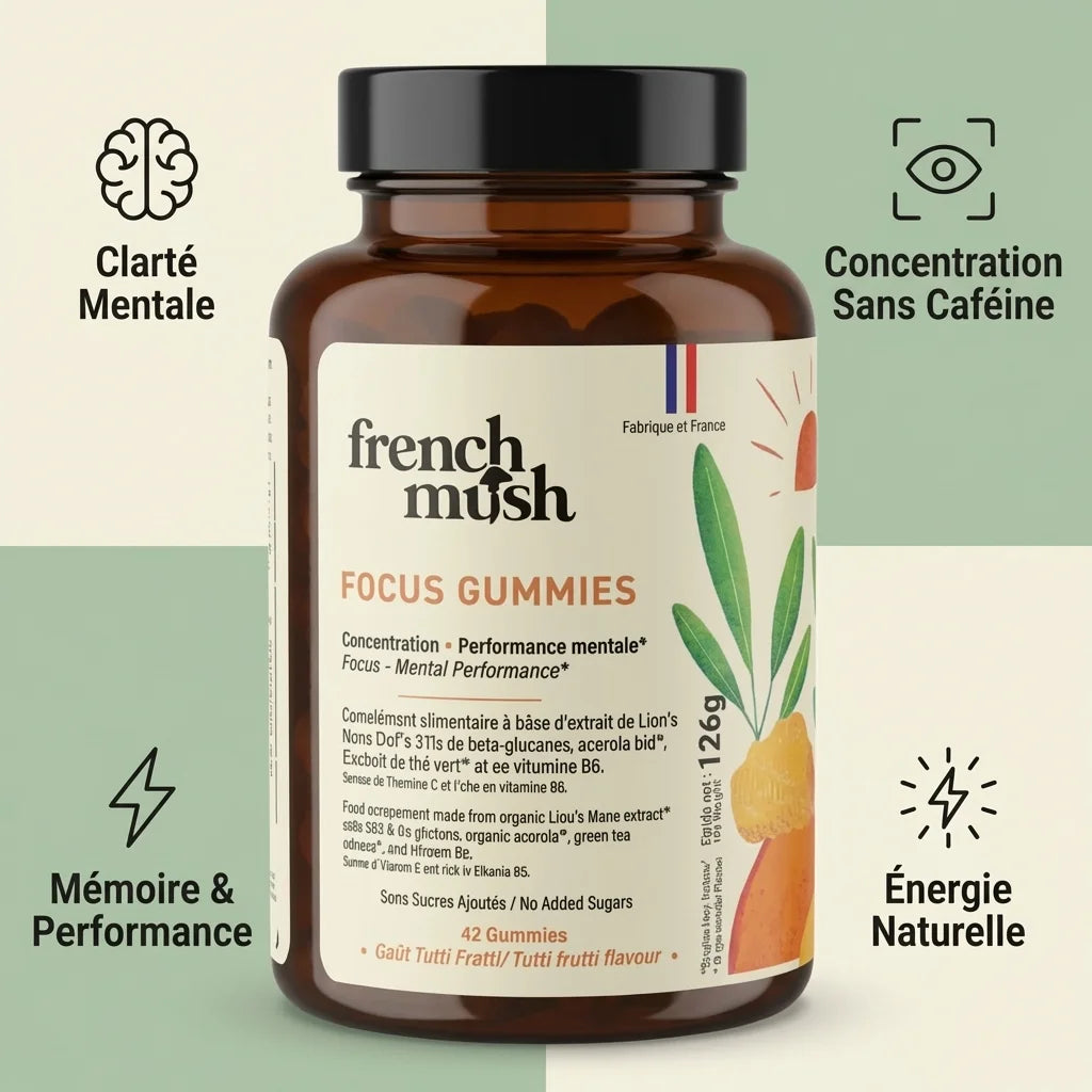 Gummies Lion's Mane French Mush FOCUS avec infographie bénéfices : clarté mentale, concentration, mémoire