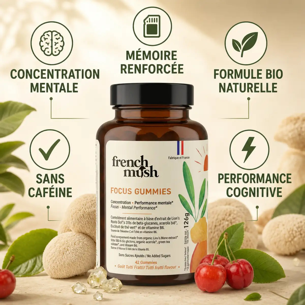 Gummies FOCUS Lion's Mane French Mush avec icônes bénéfices: concentration, mémoire, sans caféine, bio, performance cognitive