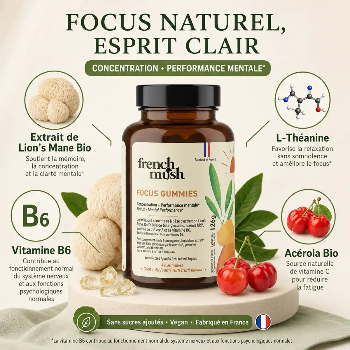 Gummies Focus Lion's Mane French Mush avec ingrédients : L-theanine, acérola, vitamine B6