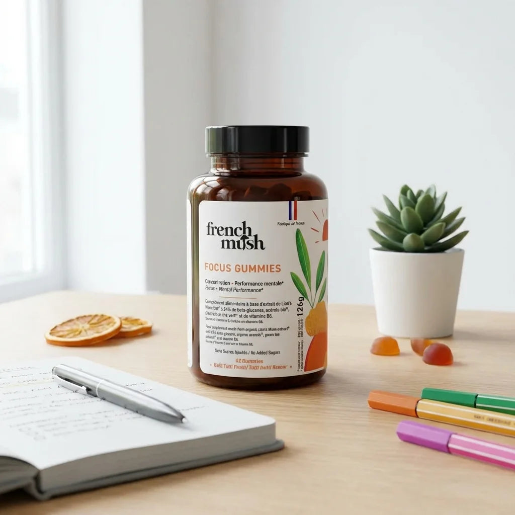 Gummies Focus Lion's Mane French Mush sur bureau productif avec notebook et plante verte