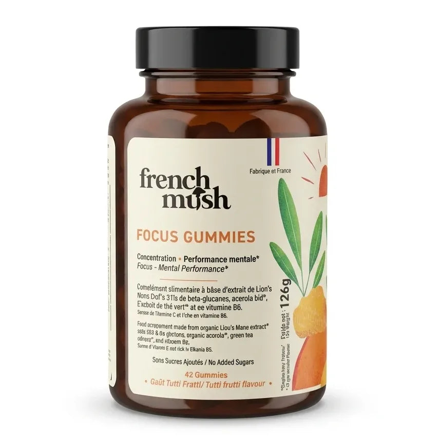 Gummies Focus Lion's Mane French Mush en flacon verre ambré avec étiquette crème et illustrations de fruits