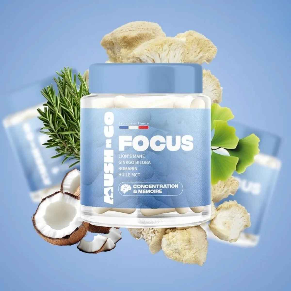 MushnGo Focus supplément pour concentration et mémoire, flacon bleu avec étiquette bleu dégradé