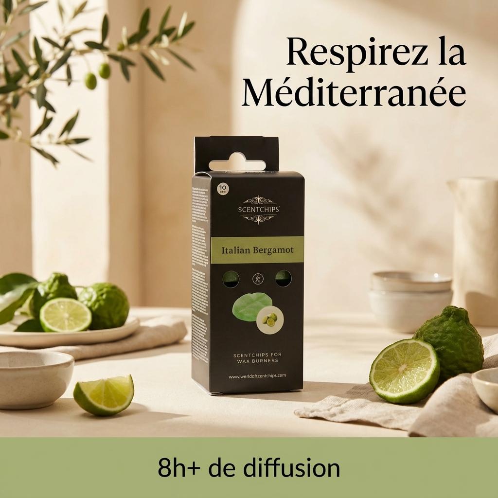 Fondant de cire Bergamote Scentships dans son emballage noir et vert sur décor méditerranéen