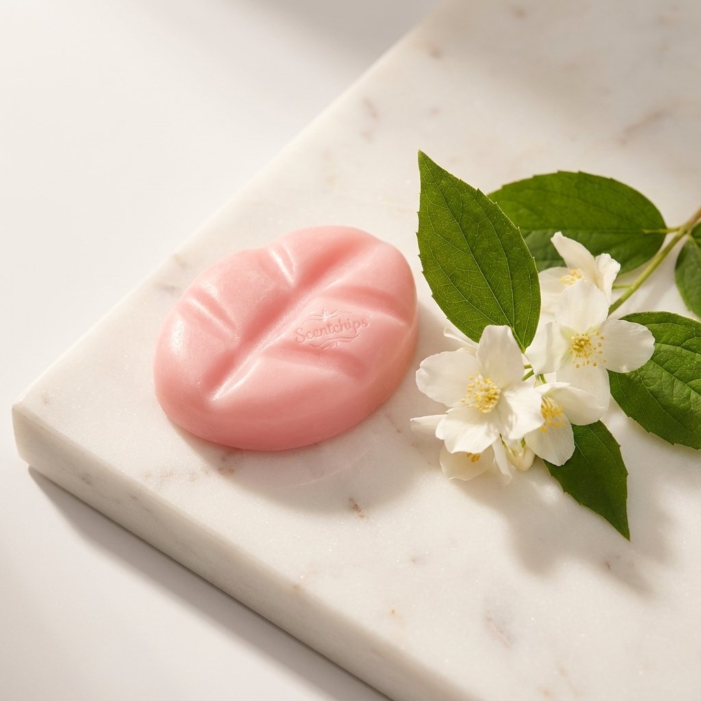 Fondant de cire jasmin Scentships en forme de cœur rose sur marbre blanc avec fleurs fraîches