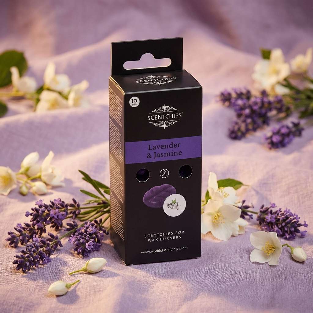 Fondant de cire parfumé Lavande et Jasmine Scentships avec fleurs fraîches sur tissu lavande