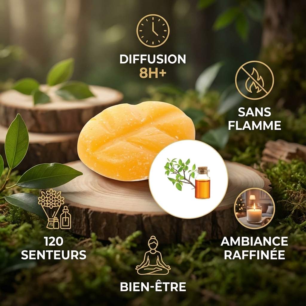 Fondant de cire parfumé Musc Bois frais Scentships avec infographie avantages diffusion sans flamme