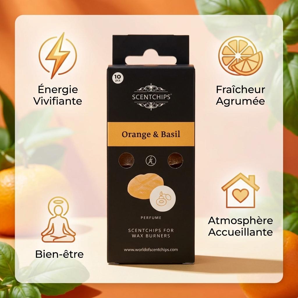 Fondant de cire parfumé Orange et Basilic Scentships avec icônes bénéfices