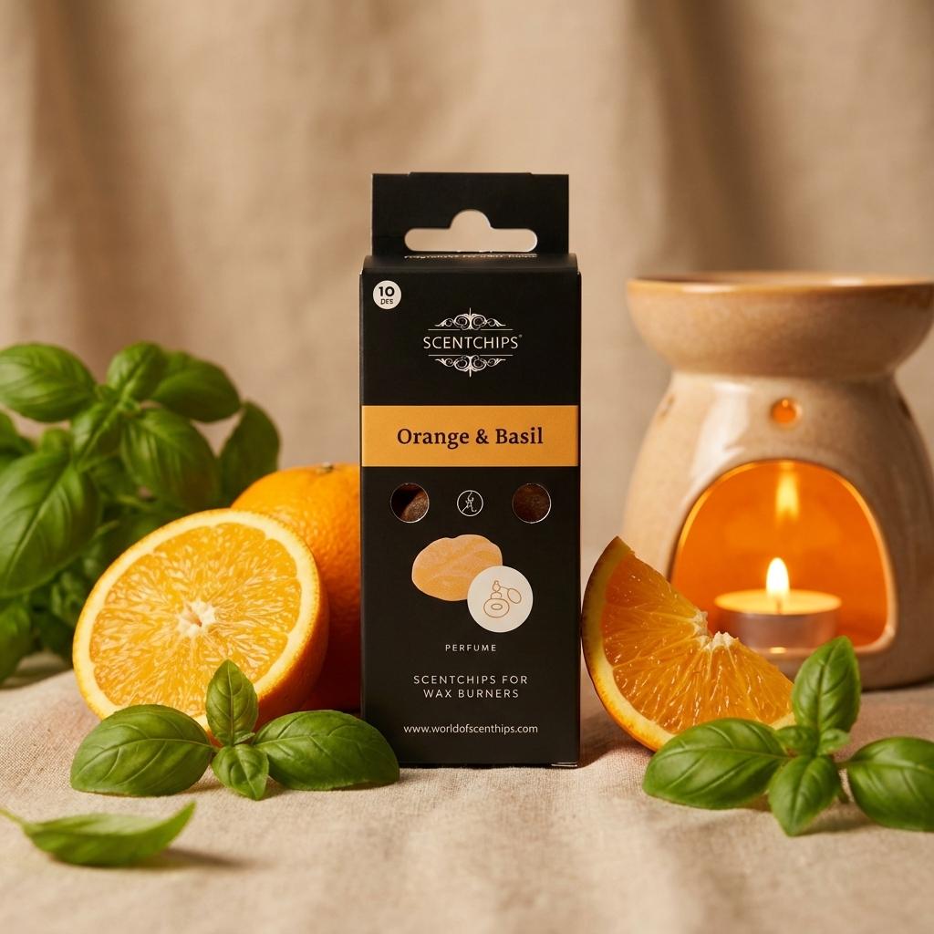 Fondant de cire parfumé Orange et Basilic Scentships avec oranges fraiches et basilic sur décor méditerranéen