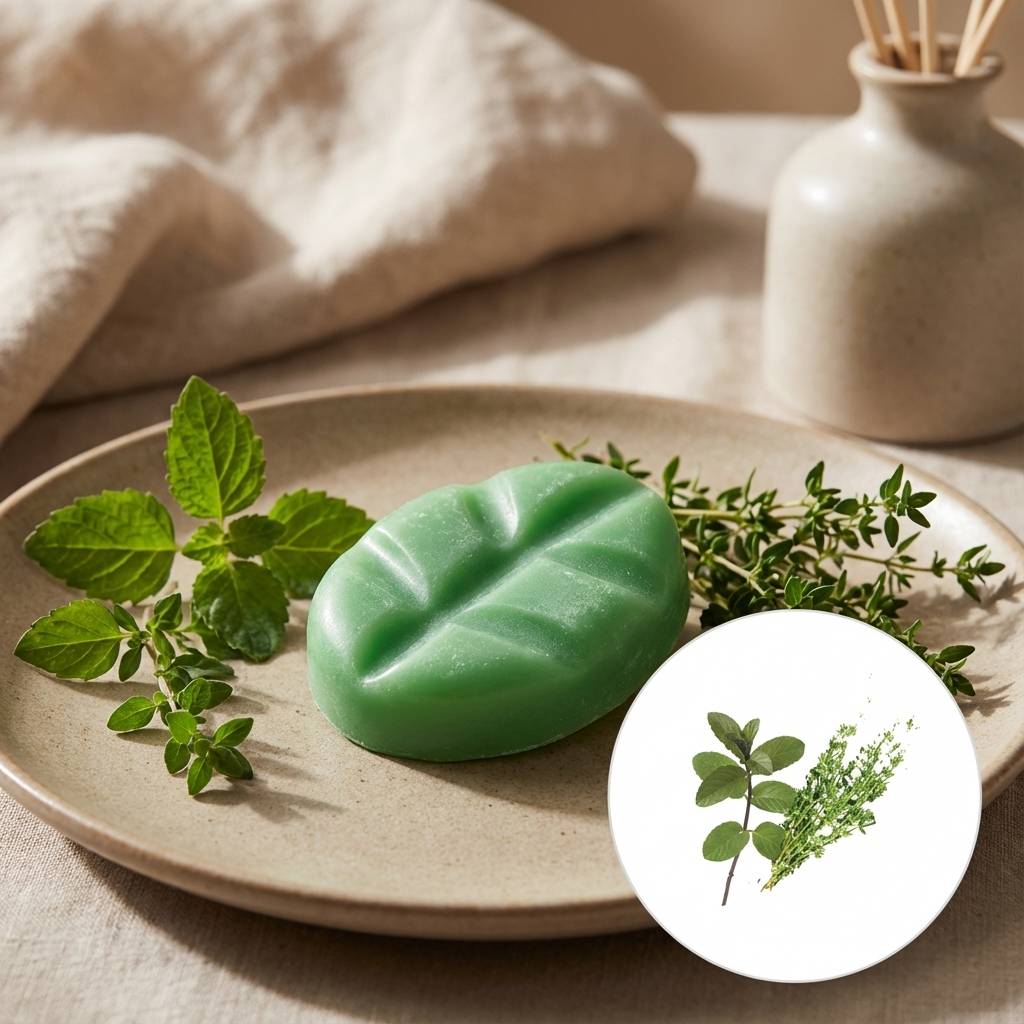 Fondant de cire parfumé Patchouli Thym Scentships avec herbes fraîches en présentation luxe