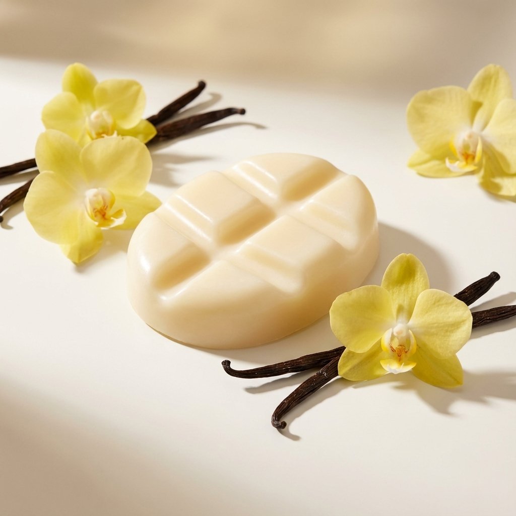 Fondant de cire parfumé Vanille Scentships avec fleurs et gousses de vanille sur fond blanc