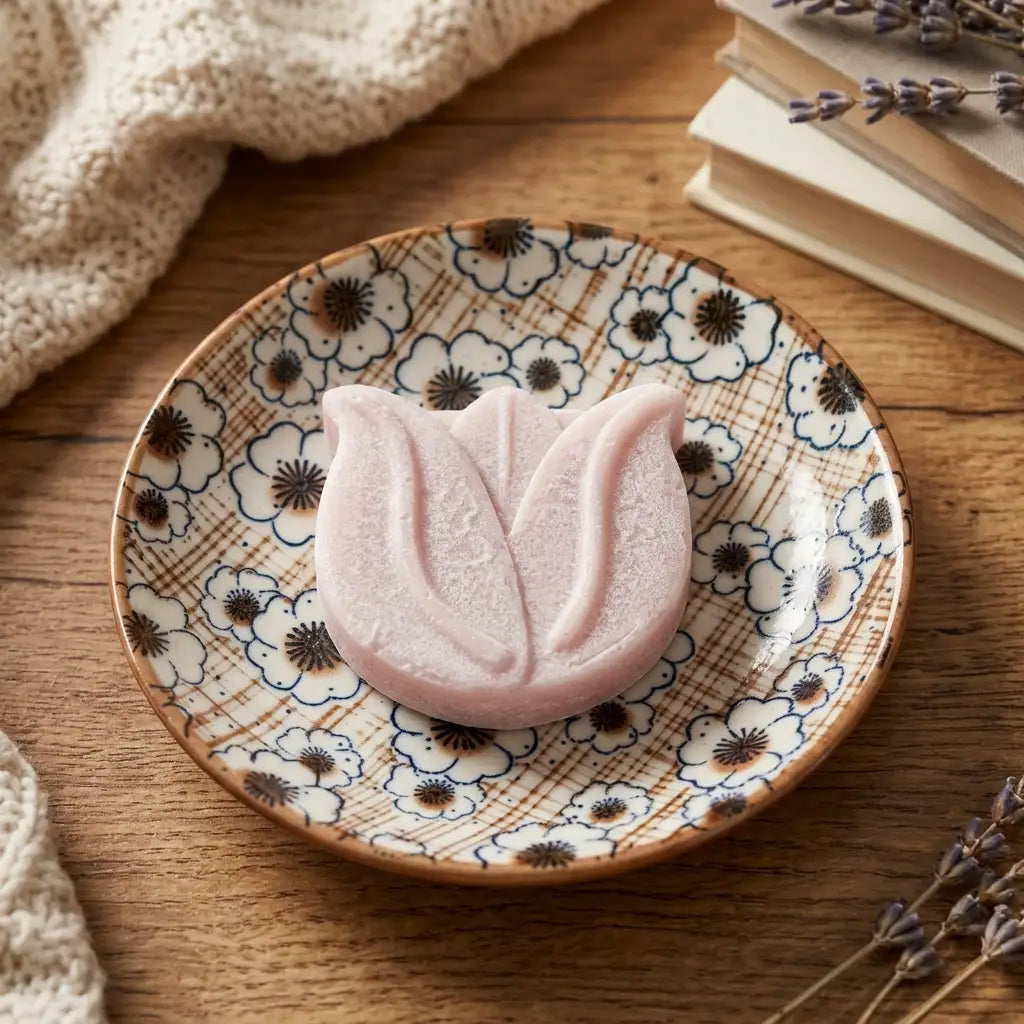 Fondant parfumé tulipe HomeBreeze 15g sur assiette céramique, ambiance cozy maison