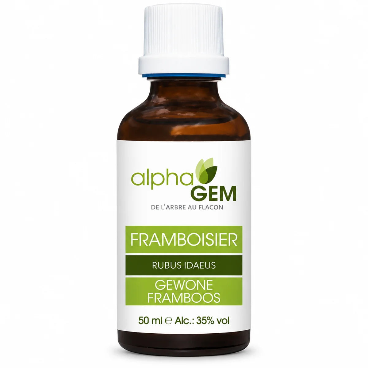 Flacon compte-gouttes en verre ambré de 50 ml Alphagem Framboisier Bio, étiquette avec logo alphaGEM, sur fond blanc