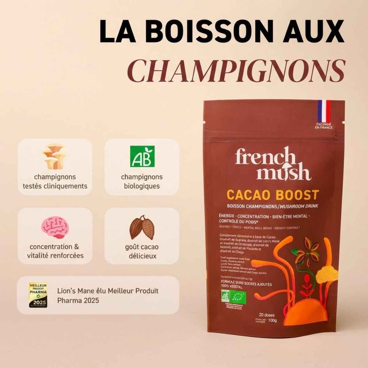 La boisson aux champignons de frecnh mush cacao boost.
