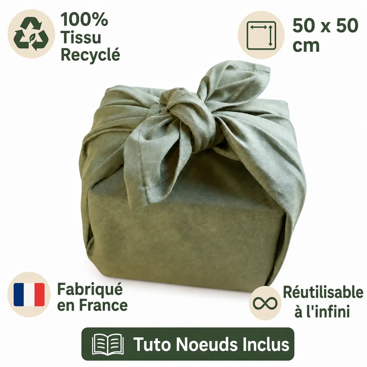 Furoshiki tissu recyclé vert sauge 50x50cm avec tuto nœuds, réutilisable à l'infini, fabriqué France
