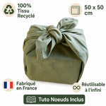 Furoshiki tissu recyclé vert sauge 50x50cm avec tuto nœuds, réutilisable à l'infini, fabriqué France