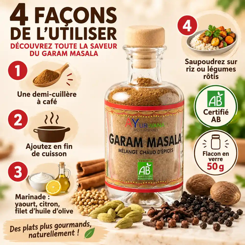 Garam Masala bio AyurVana 50 g en flacon de verre, entouré d'épices entières, avec guide d'utilisation en 4 étapes sur fond crème.
