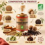 Garam Masala bio AyurVana 50g dans son flacon en verre, entouré de coriandre, cumin, cardamome, poivre noir, cannelle, clou de girofle et noix de muscade