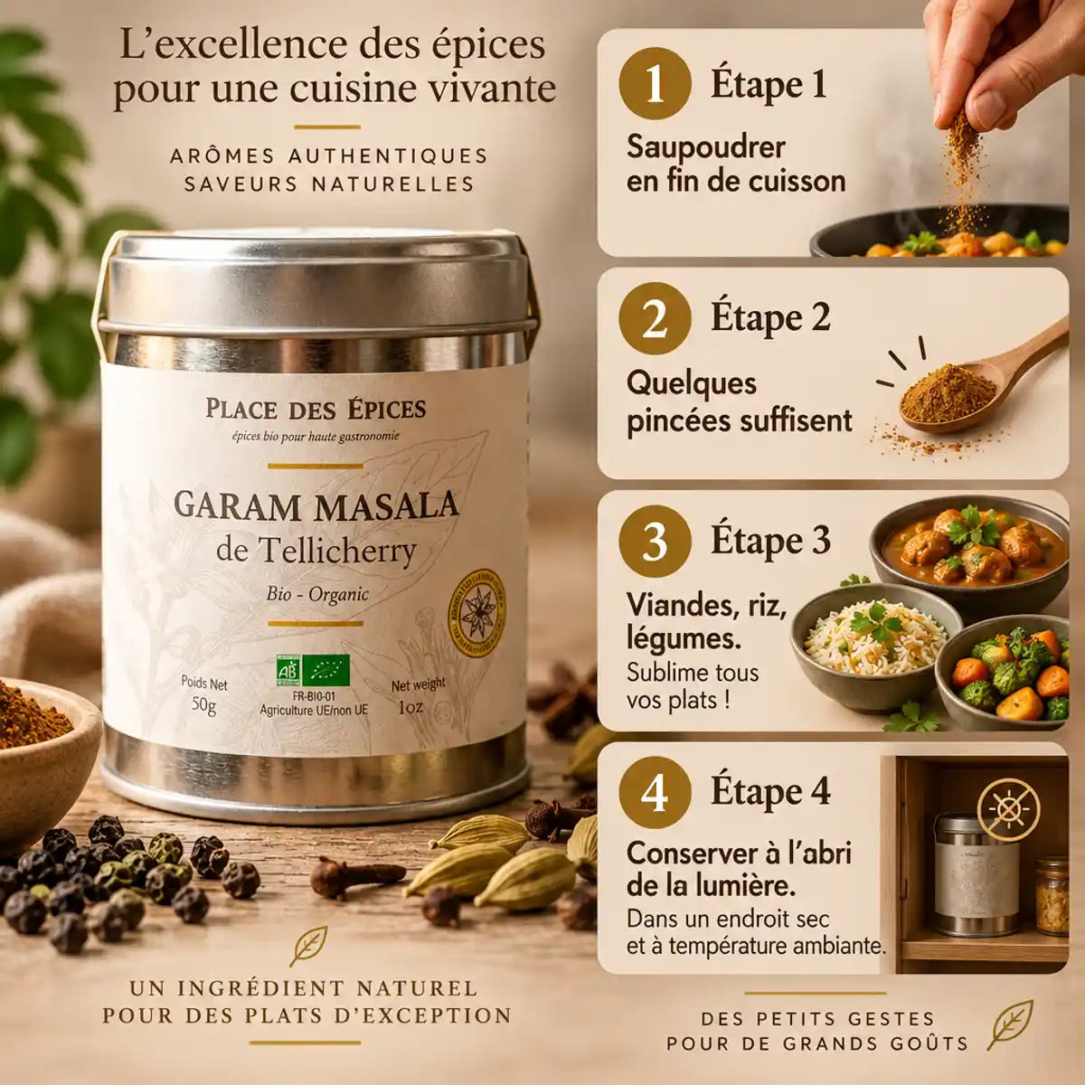Garam Masala bio Tellicherry 50g avec guide d'utilisation et certification française
