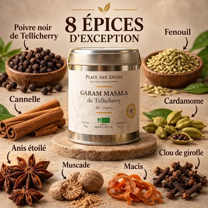 Garam Masala bio Tellicherry avec 8 épices d'exception - boîte métallique Place des Épices