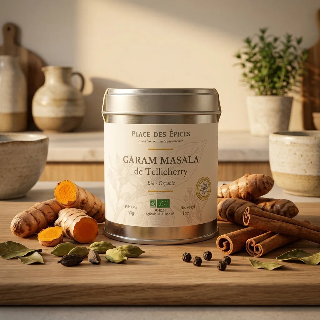 Garam Masala bio Tellicherry 50g Place des épices avec épices fraîches sur bois