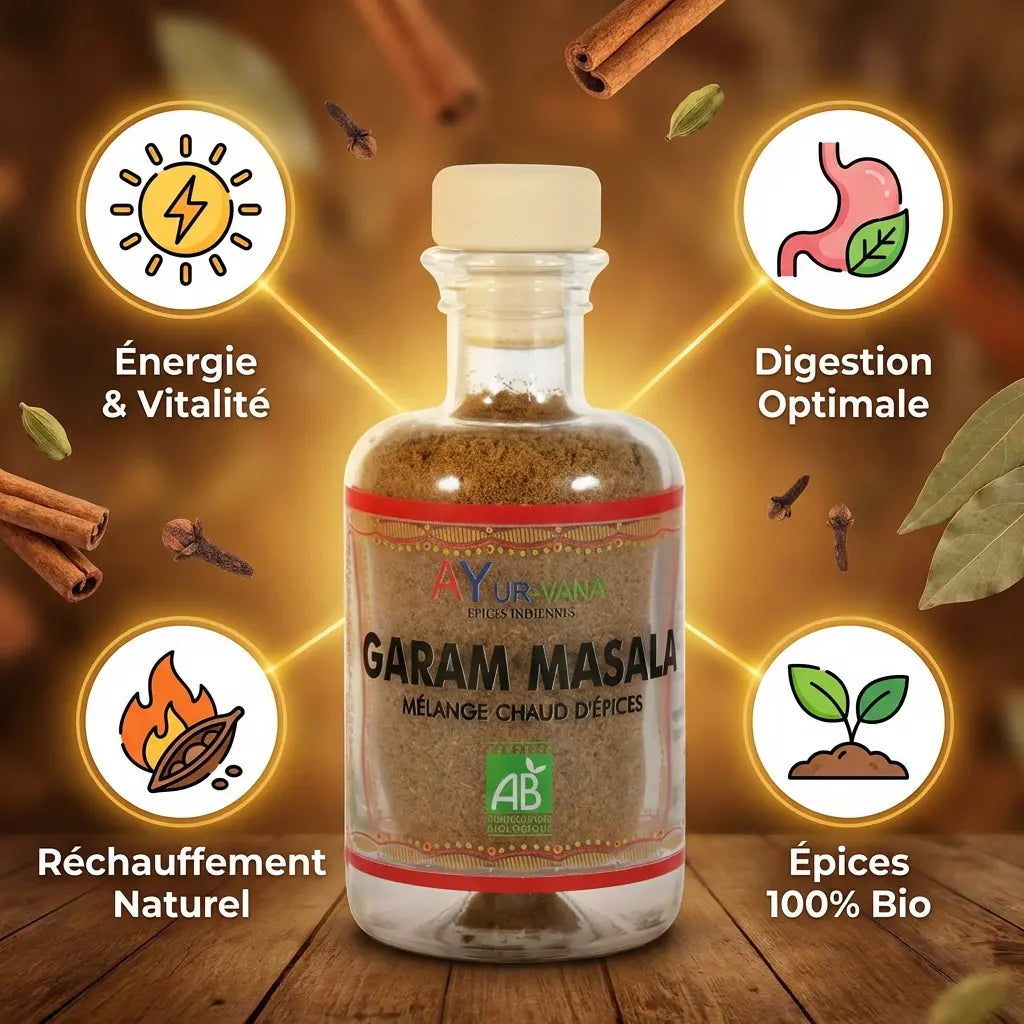 Garam Masala bio AyurVana 50g en flacon verre avec bénéfices: énergie, digestion, réchauffement