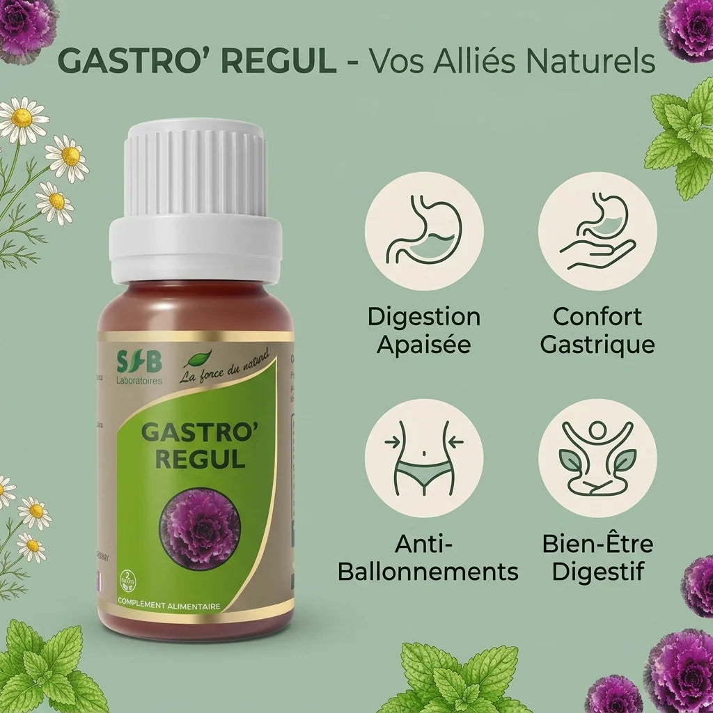 Gastro' Regul 50ml SFB - Complément digestif naturel avec bénéfices santé illustrés