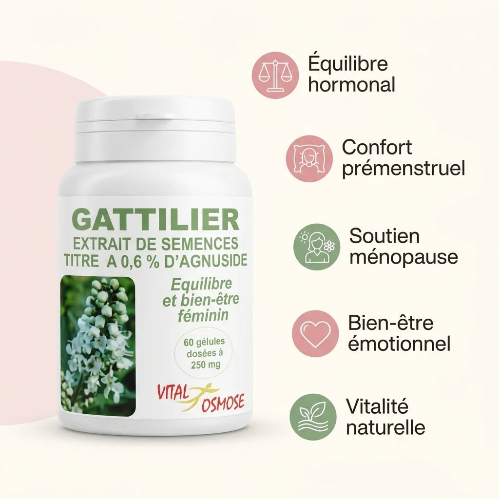 Gattilier 250mg 60 gélules Vital Osmose avec avantages équilibre hormonal confort prémenstruel