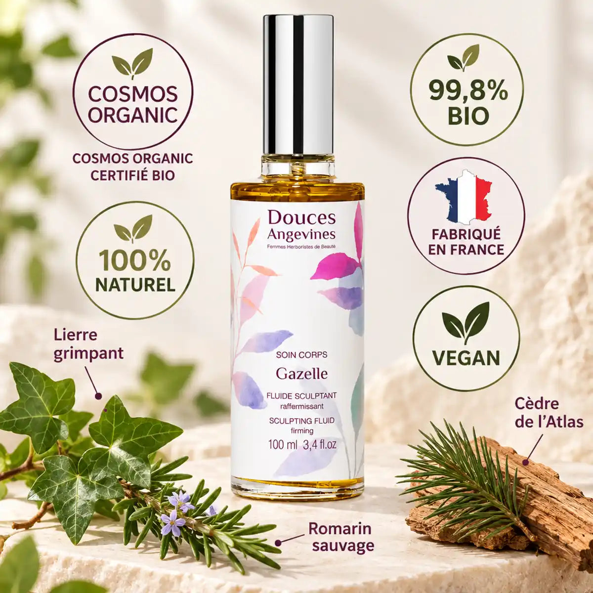 Gazelle Soin Sculptant bio certifié Douces Angevines flacon 100ml avec lierre grimpant