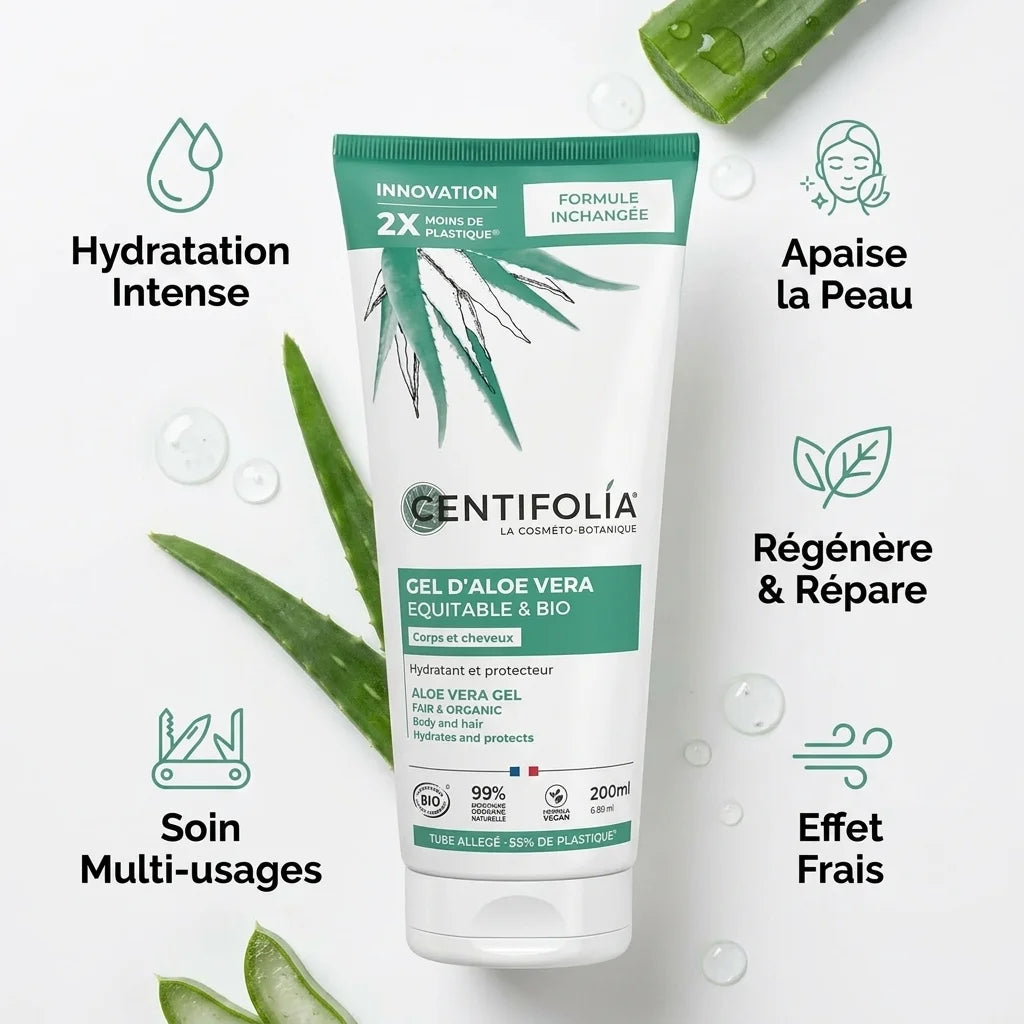 Gel Aloe Vera Bio 200ml Centifolia avec bénéfices hydratation et réparation cutanée