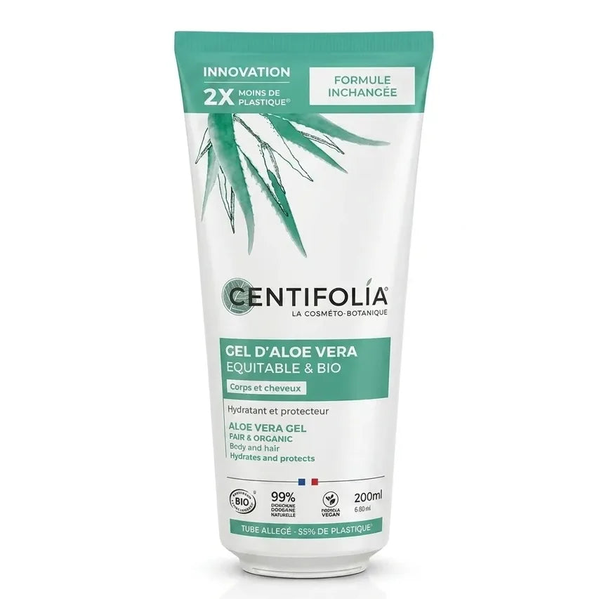 Gel Aloe Vera Bio Centifolia 200ml tube blanc avec bouchon turquoise sur fond blanc