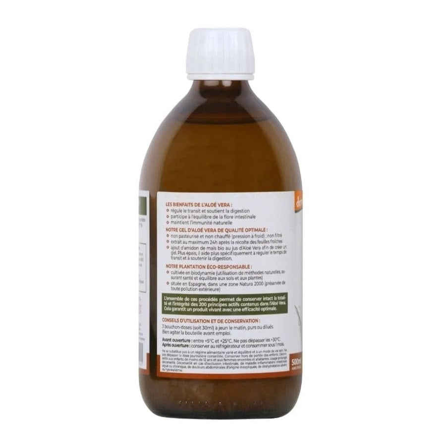 La face arrière d'une bouteille de 500ml du Gel d’Aloé Vera Bio & Demeter Naturaloé 