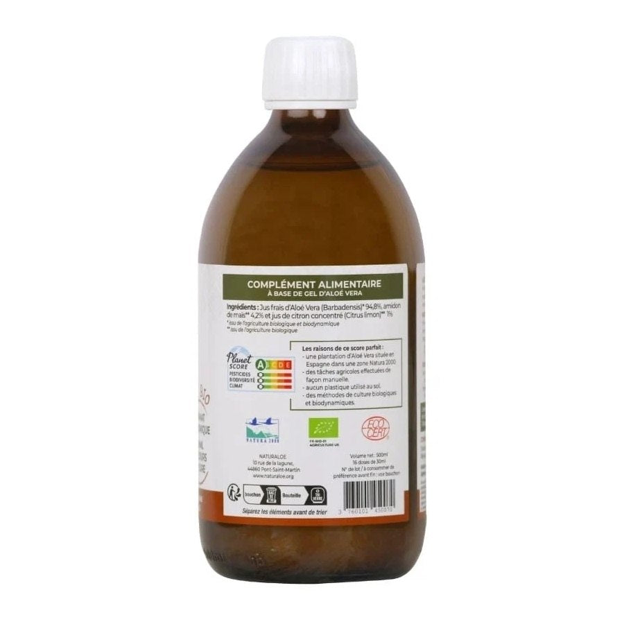 Face arrière d'une bouteille de gel d'aloé vera de la marque Naturaloé de 500 ml posée
