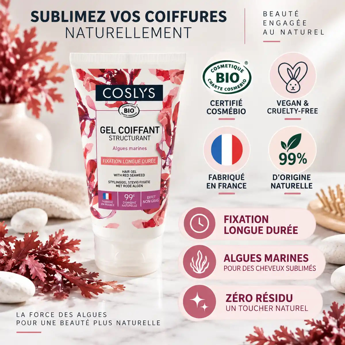 Gel coiffant structurant Bio Coslys 150ml tube blanc certifié naturel sur marbre blanc