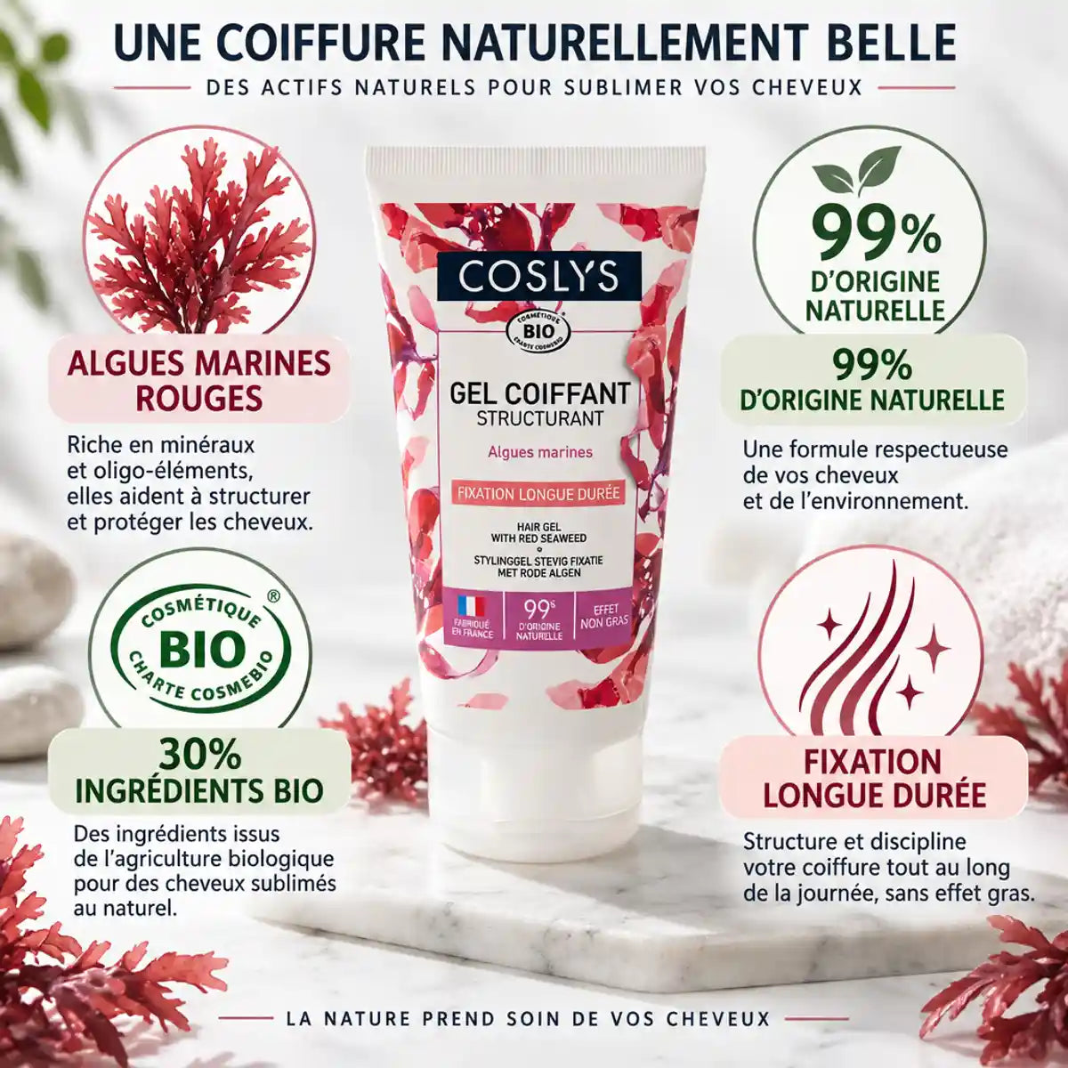 Gel coiffant structurant Bio Coslys 150ml avec ingrédients naturels et algues marines