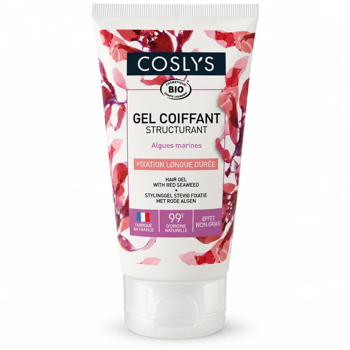 Gel coiffant structurant Bio Coslys 150ml tube blanc avec étiquette rose et burgundy