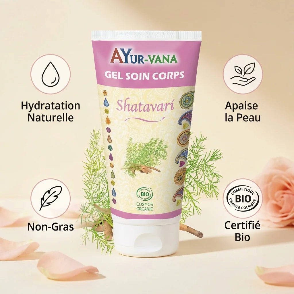 Gel Corps Bio Shatavari AyurVana hydratant et apaisant avec icônes bénéfices et ingrédients naturels