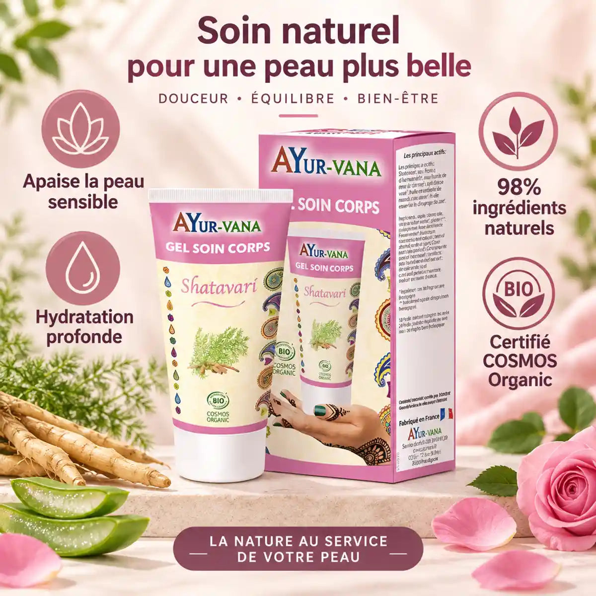 Gel corps bio Shatavari AyurVana - tube blanc et boîte rose, apaise et hydrate la peau sensible