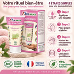 Gel corps bio Shatavari AyurVana avec étapes application, certifications naturelles et hydratation peau